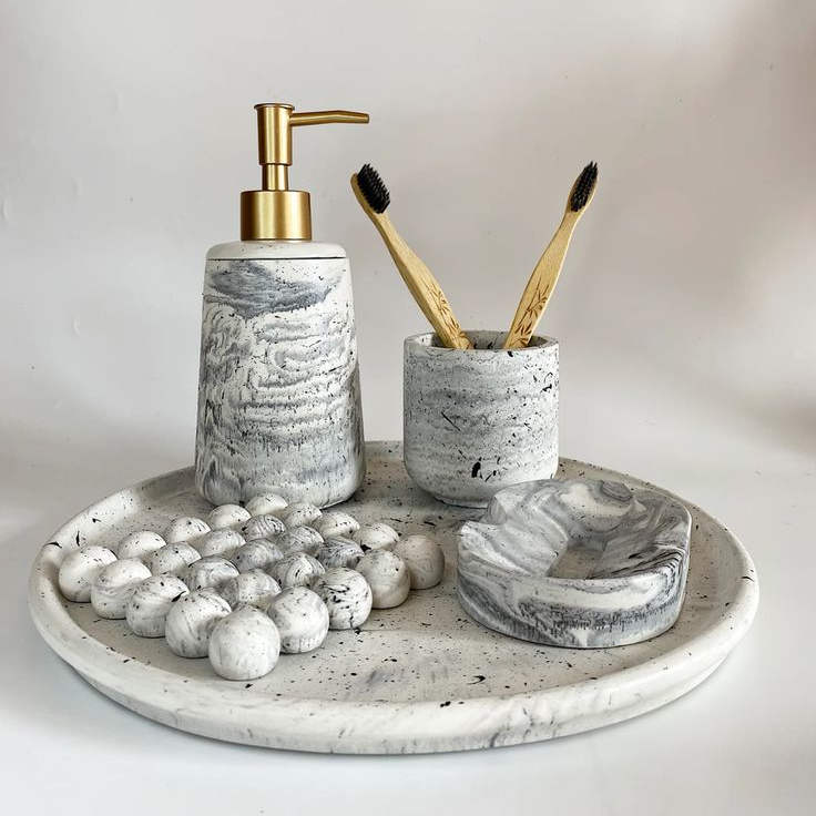 4-Piece Bathroom Accessory Set – White Gray Marble & Gold