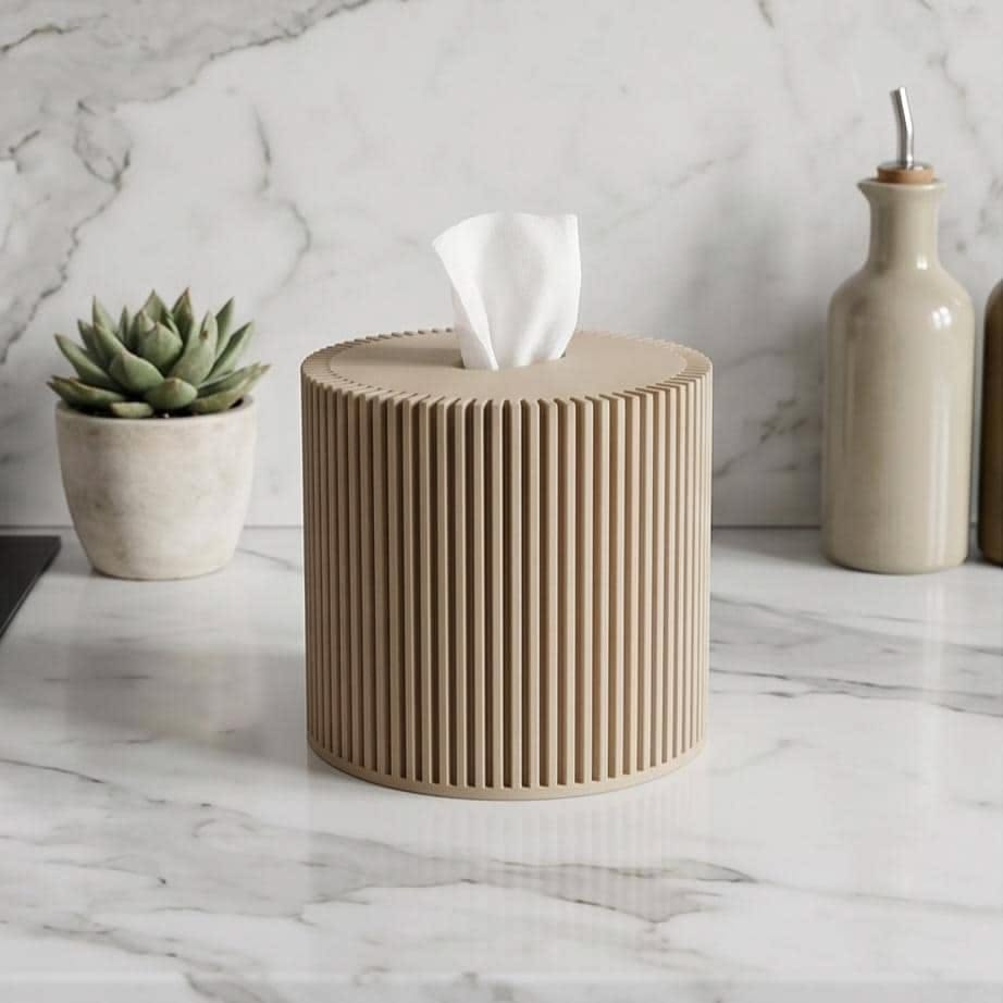 Round Ribbed Tissue Box Cover – Beige